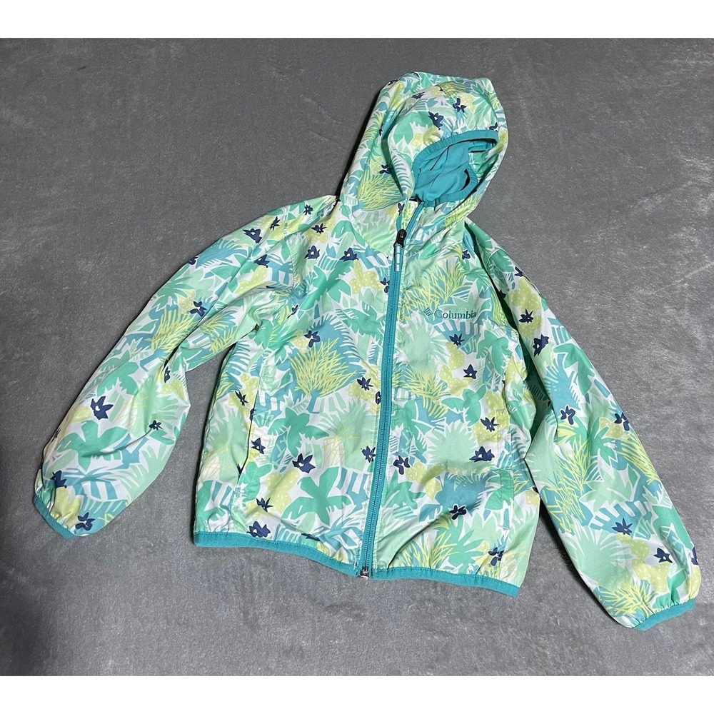 Colombia Jacket Girls XXS Green Blue Floral Palm Leaf Zip Up Hooded‎ Activewear